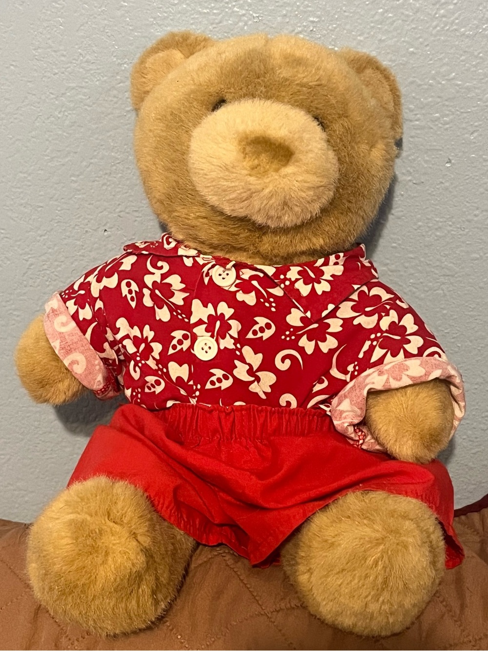 Vintage Plush Tan Build a Bear Teddy Bear in Red Floral Shirt and Red Shorts